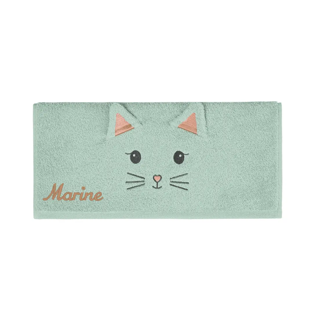 Serviette de toilette enfant vert d'eau brodée d'un chat et du prénom Marine