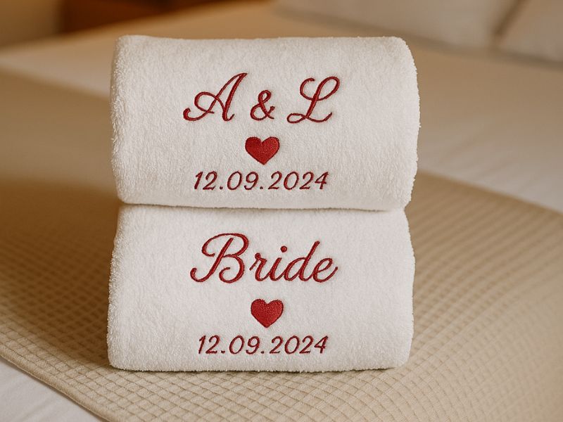 Deux serviettes blanches brodées avec initiales, date et cœur rouge, posées sur un lit dans une chambre élégante, ambiance romantique