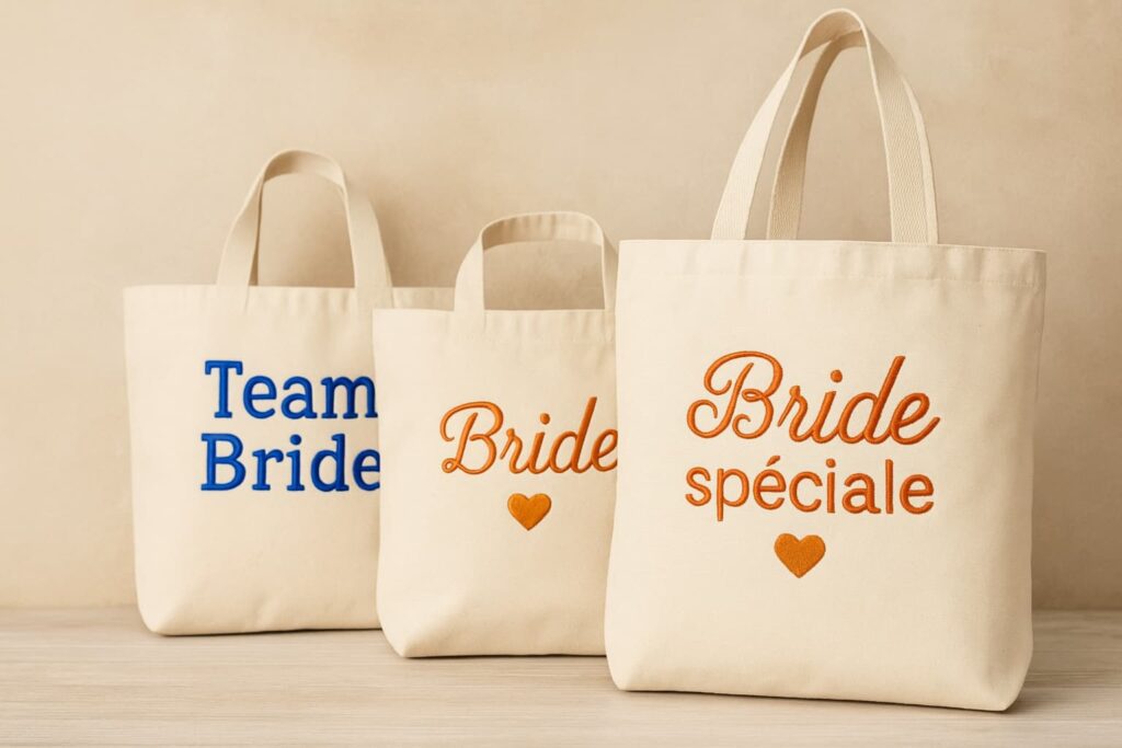 Trois tote bags en toile naturelle brodés pour un EVJF, avec les inscriptions “Bride spéciale”, “Team Bride” et “Bride”, posés sur un fond neutre beige