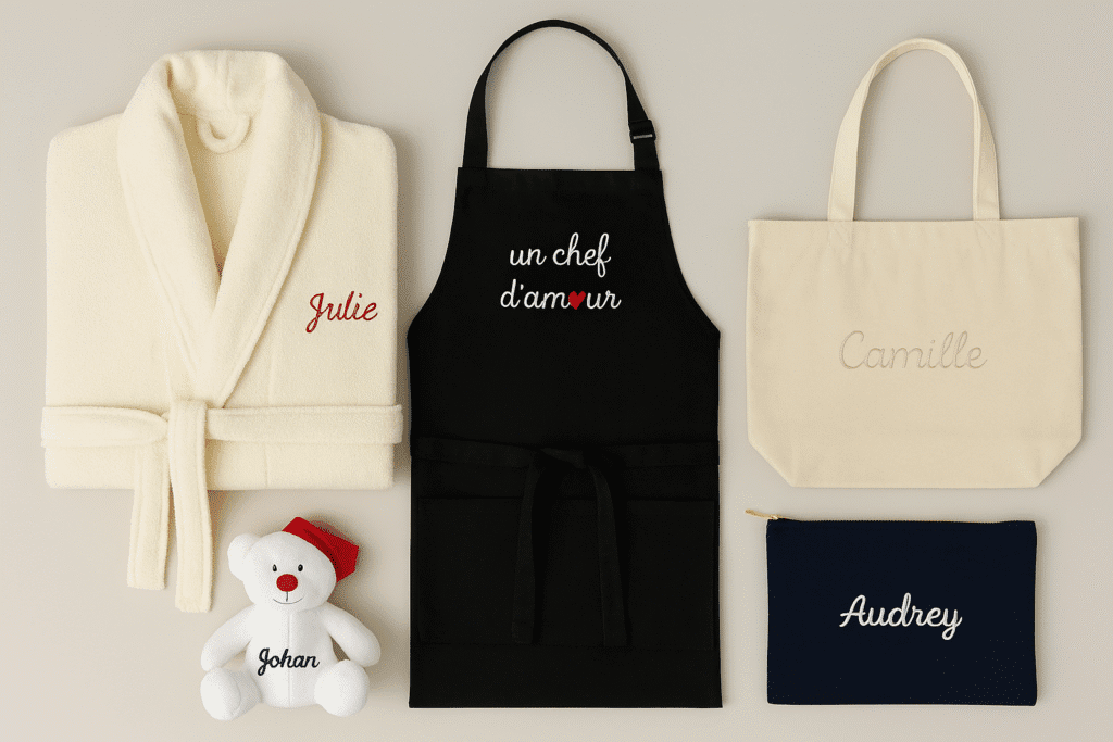 Coffret cadeaux de Noël personnalisés pour femme avec peignoir brodé, tablier, tote bag et pochette