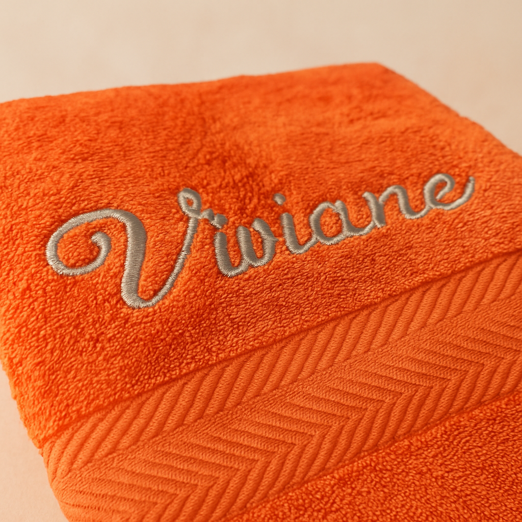 Serviette de bain orange brodée au prénom Viviane, création artisanale pour femme réalisée par Sudbroderie à Saint-Cyr-sur-Mer.