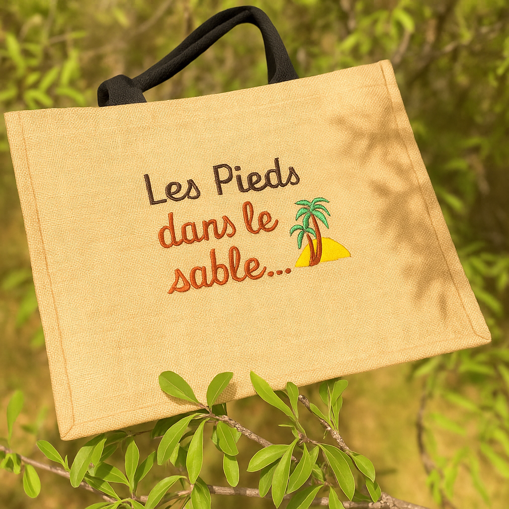 Sac brodé Les pieds dans le sable, idée cadeau personnalisable été de Sudbroderie à Saint-Cyr-sur-Mer.