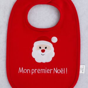 Bavoir rouge de Noël avec motif Père Noël et prénom brodé