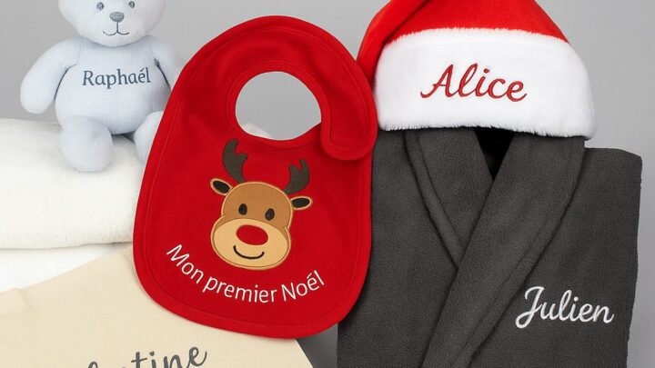 Cadeaux de Noël personnalisés avec prénom brodé – peluches, bavoirs, bonnets et peignoirs – Sudbroderie