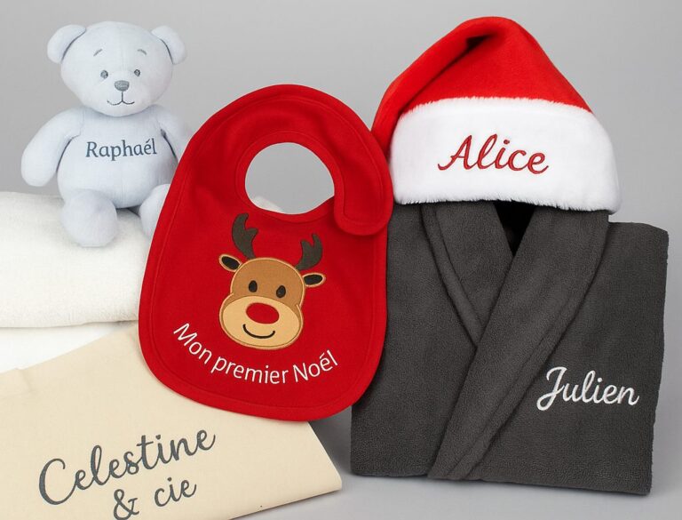 Cadeaux de Noël personnalisés avec prénom brodé – peluches, bavoirs, bonnets et peignoirs – Sudbroderie