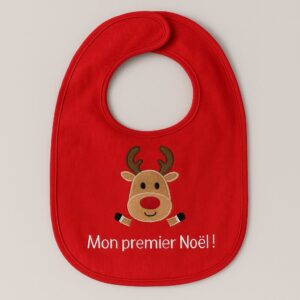 Bavoir de Noël rouge avec motif cerf et prénom personnalisé brodé