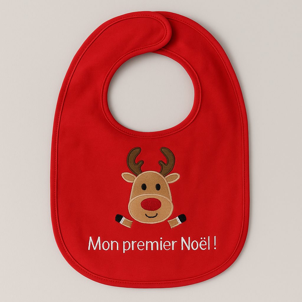 Bavoir de Noël rouge avec motif cerf et prénom personnalisé brodé