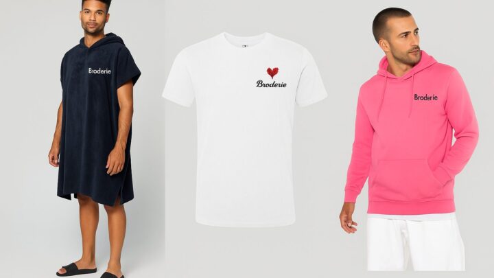 Trois idées de cadeaux de Noël personnalisés pour homme : poncho brodé, t-shirt "papa d’amour", sweat à capuche brodé – disponibles sur sudbroderie.fr