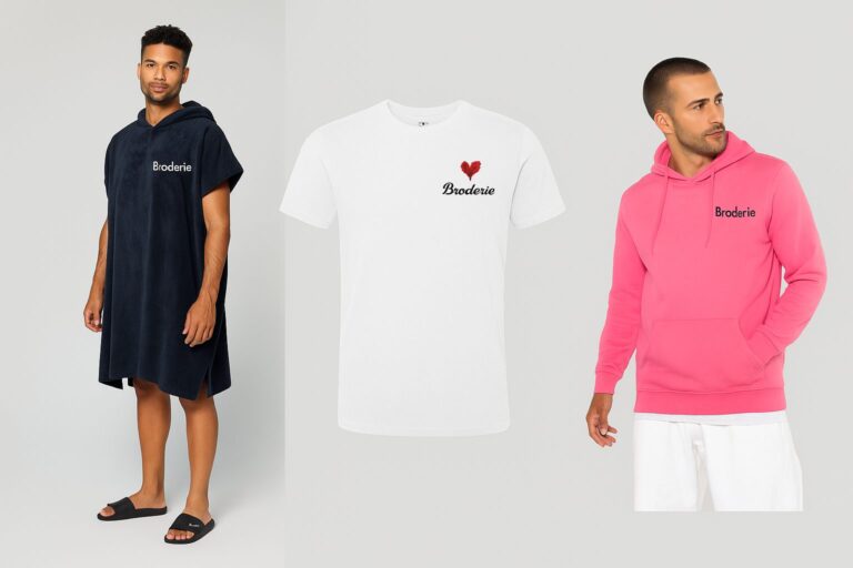 Trois idées de cadeaux de Noël personnalisés pour homme : poncho brodé, t-shirt "papa d’amour", sweat à capuche brodé – disponibles sur sudbroderie.fr