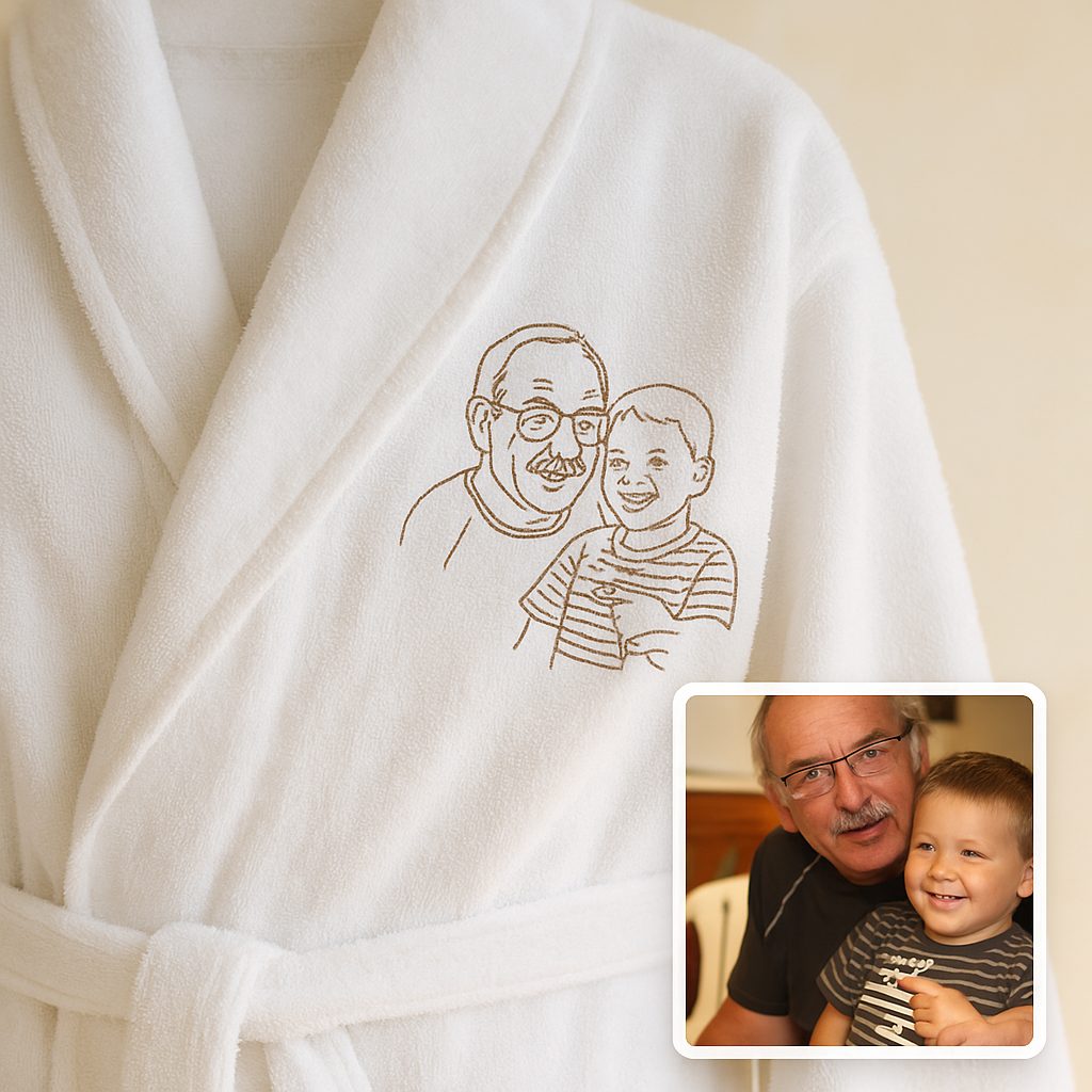 Peignoir blanc brodé côté cœur avec le portrait en contour fin d’un grand-père et de son petit-fils, création personnalisée réalisée par Sudbroderie à Saint-Cyr-sur-Mer.