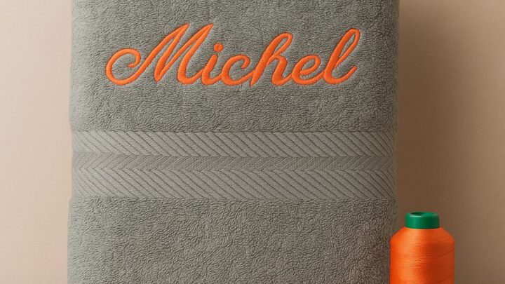 Serviette de bain grise brodée au prénom Michel avec fil orange, création artisanale Sudbroderie à Saint-Cyr-sur-Mer, accompagnée de bobines de fil Madeira.