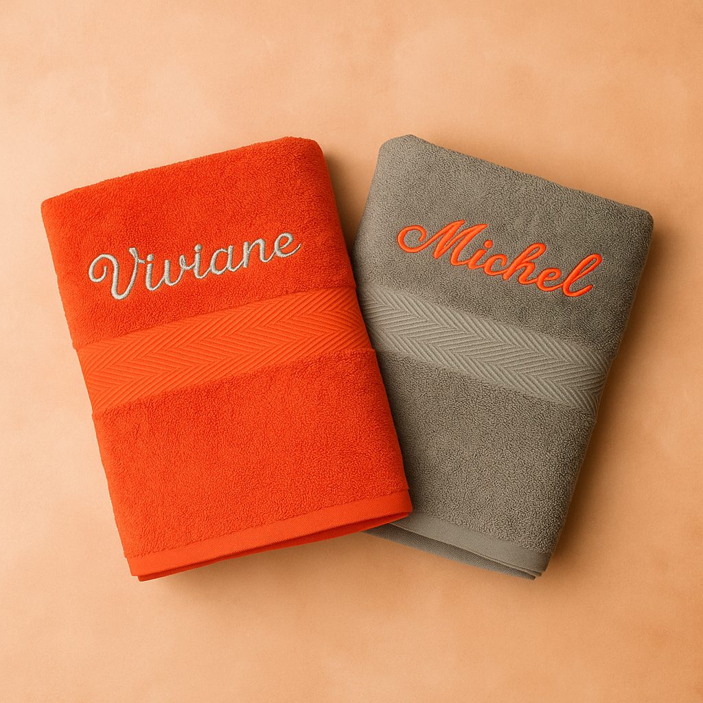 Duo de serviettes de bain brodées aux prénoms Viviane et Michel