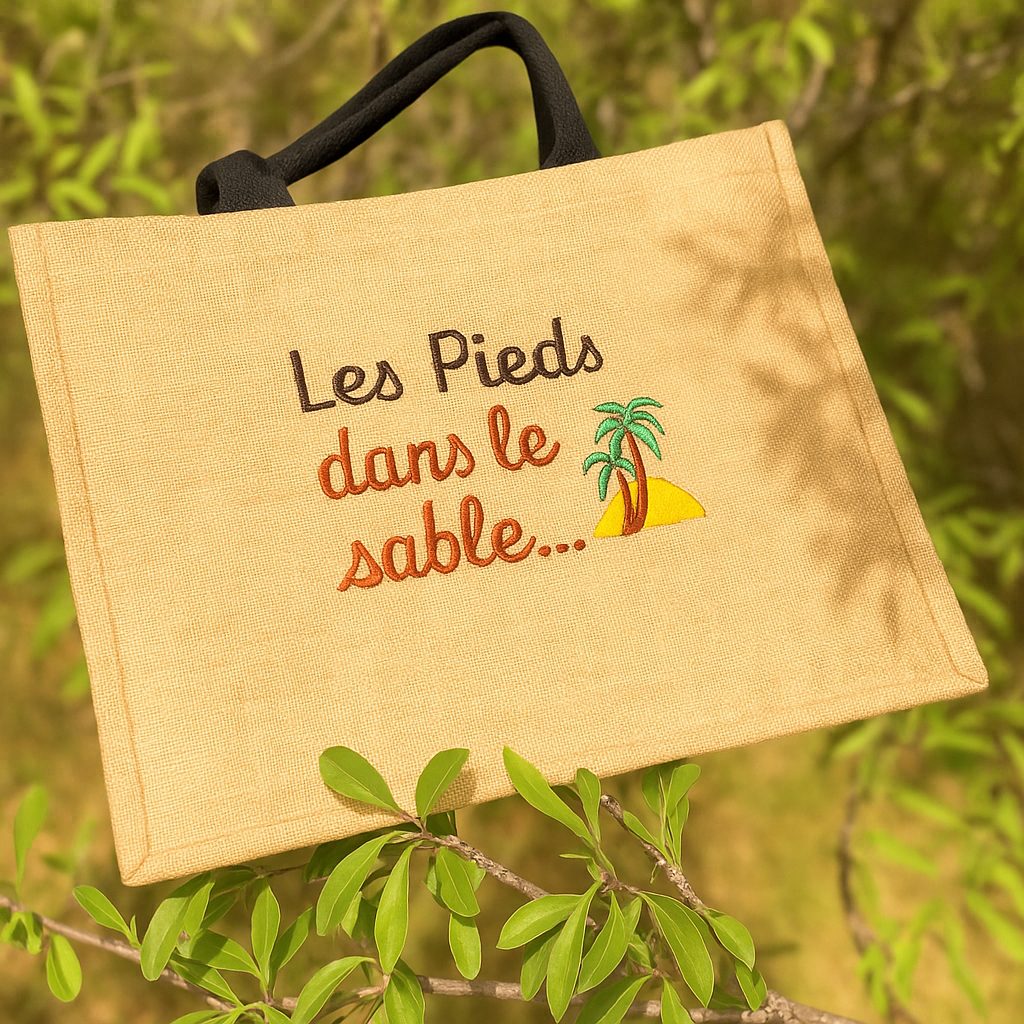 Sac brodé Les pieds dans le sable, idée cadeau personnalisable été de Sudbroderie à Saint-Cyr-sur-Mer.