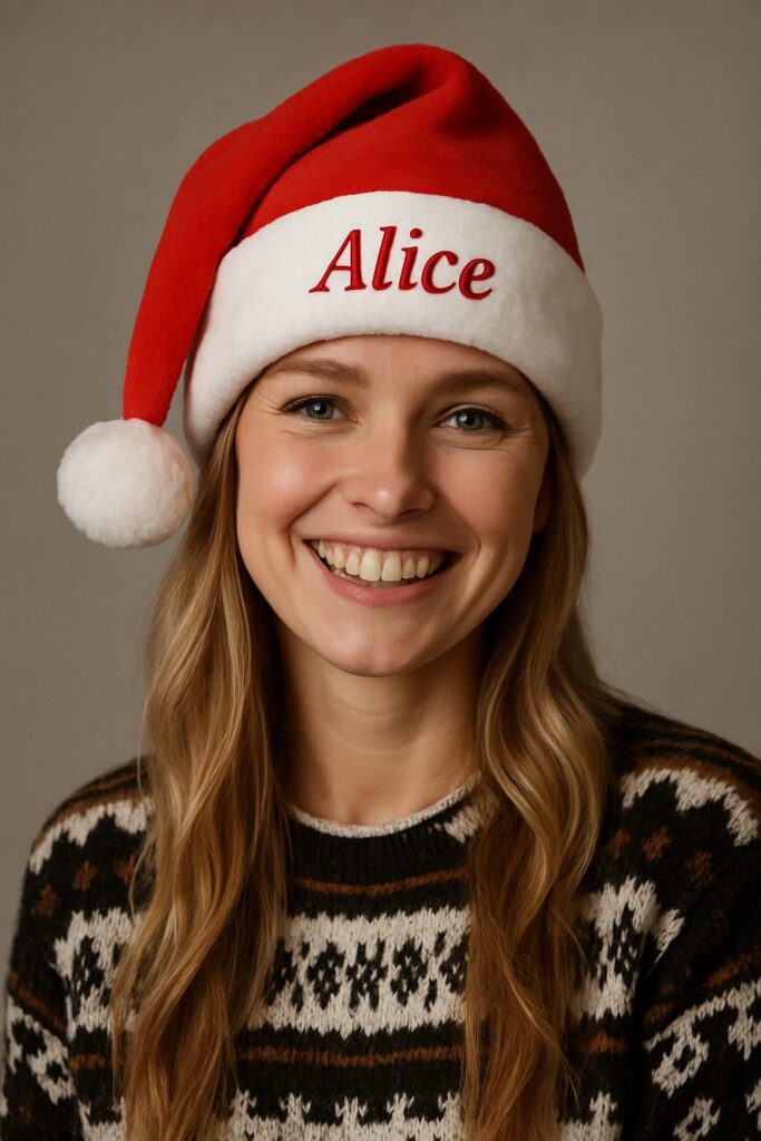 Femme portant un bonnet de Noël personnalisé brodé au prénom Alice