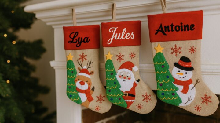 Trois chaussettes de Noël en jute brodées aux prénoms Lya, Jules et Antoine suspendues à la cheminée