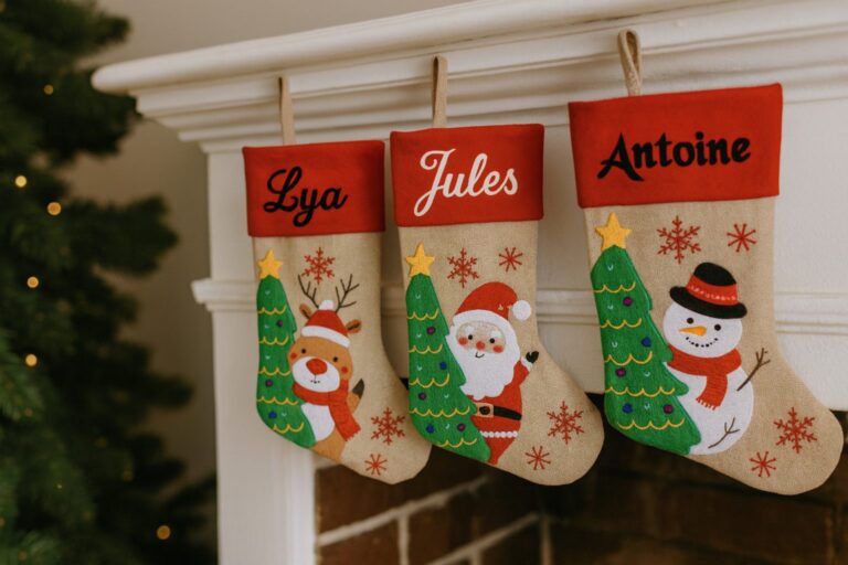 Trois chaussettes de Noël en jute brodées aux prénoms Lya, Jules et Antoine suspendues à la cheminée